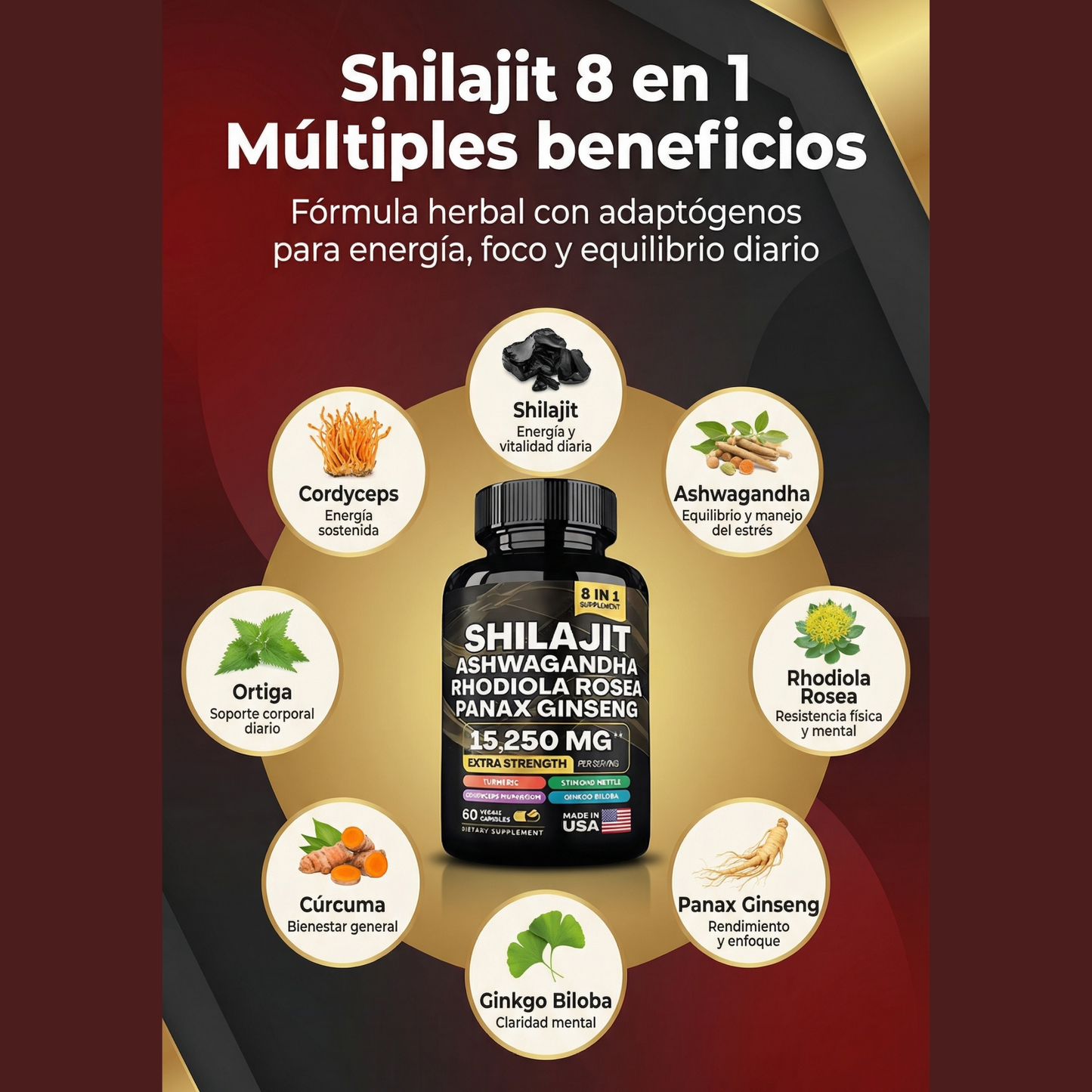 Shilajit 8 en 1™ para Vitalidad Masculina – Energía Sostenida, Foco Mental, Equilibrio del Estrés y Rendimiento Diario – Fórmula Adaptógena Premium
