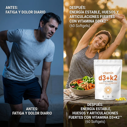 Vitamina D3+K2 (60) Fórmula Premium para huesos fuertes y energía diaria 60 Softgels
