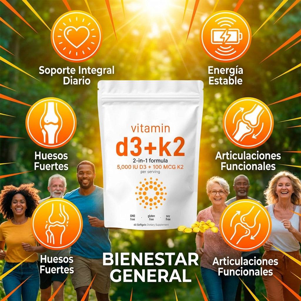 Vitamina D3+K2 (60) Fórmula Premium para huesos fuertes y energía diaria 60 Softgels