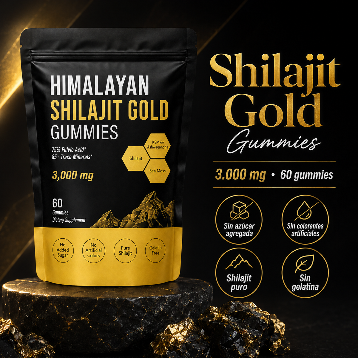 Shilajit Gold 3000 mg con ashwagandha – 60 gomitas - vista 3